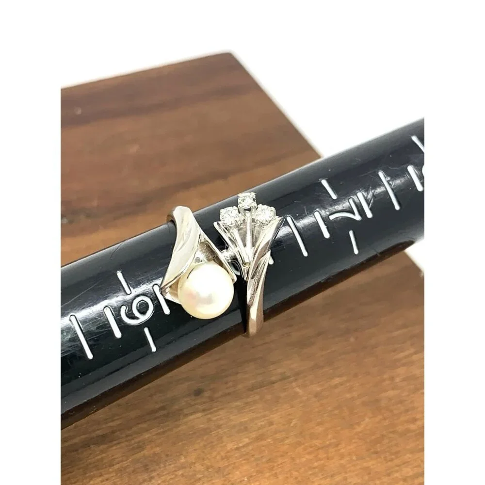 White Pearl 7mm Diamond Cocktail Ring 14k White Gold Estate Women's Size 8.25